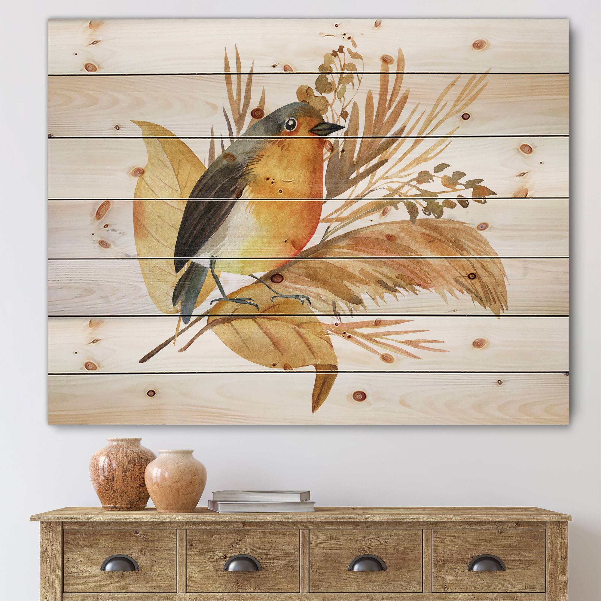 Designart - Robin Bird and Autumn Flowers